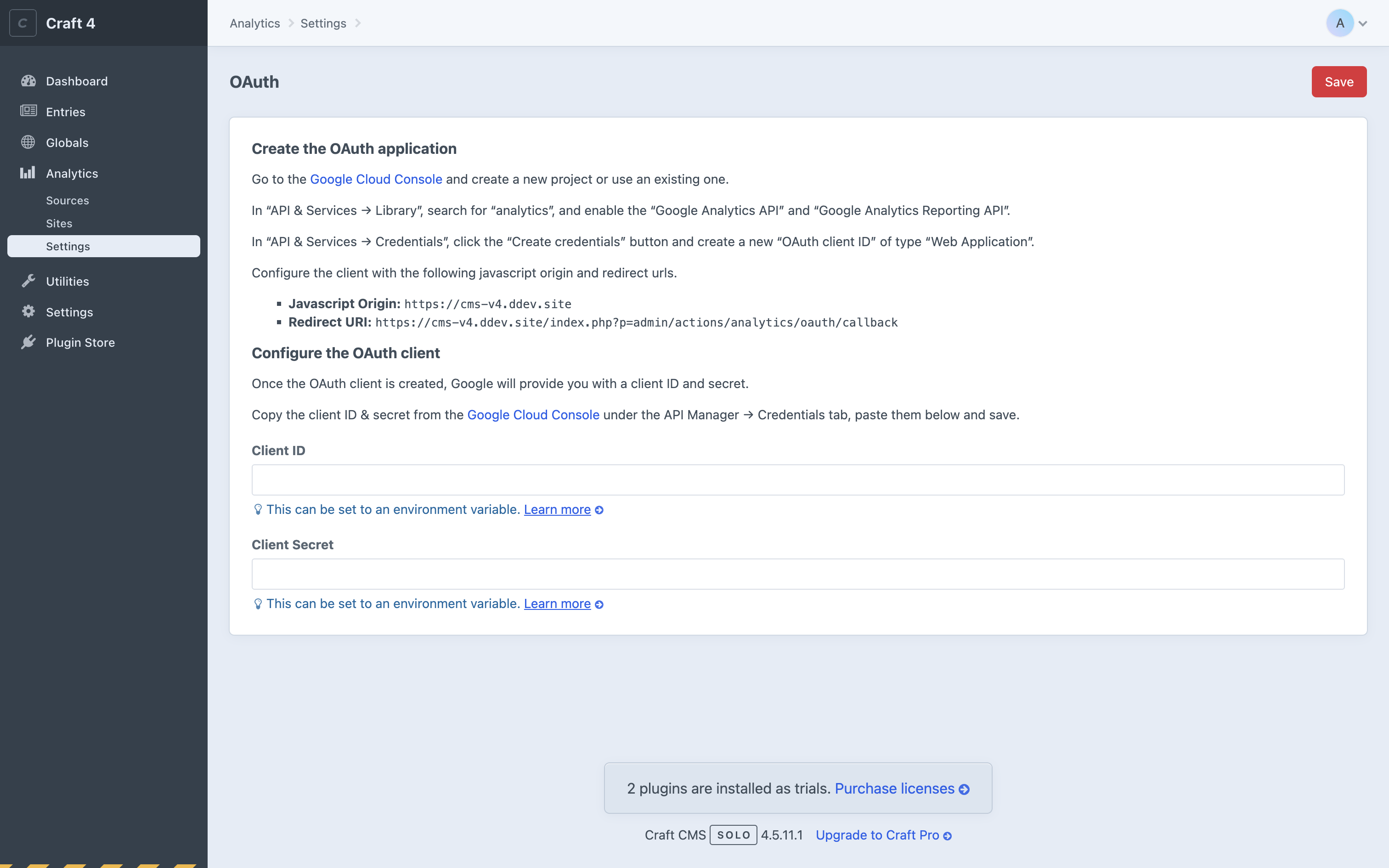 Analytics OAuth Settings