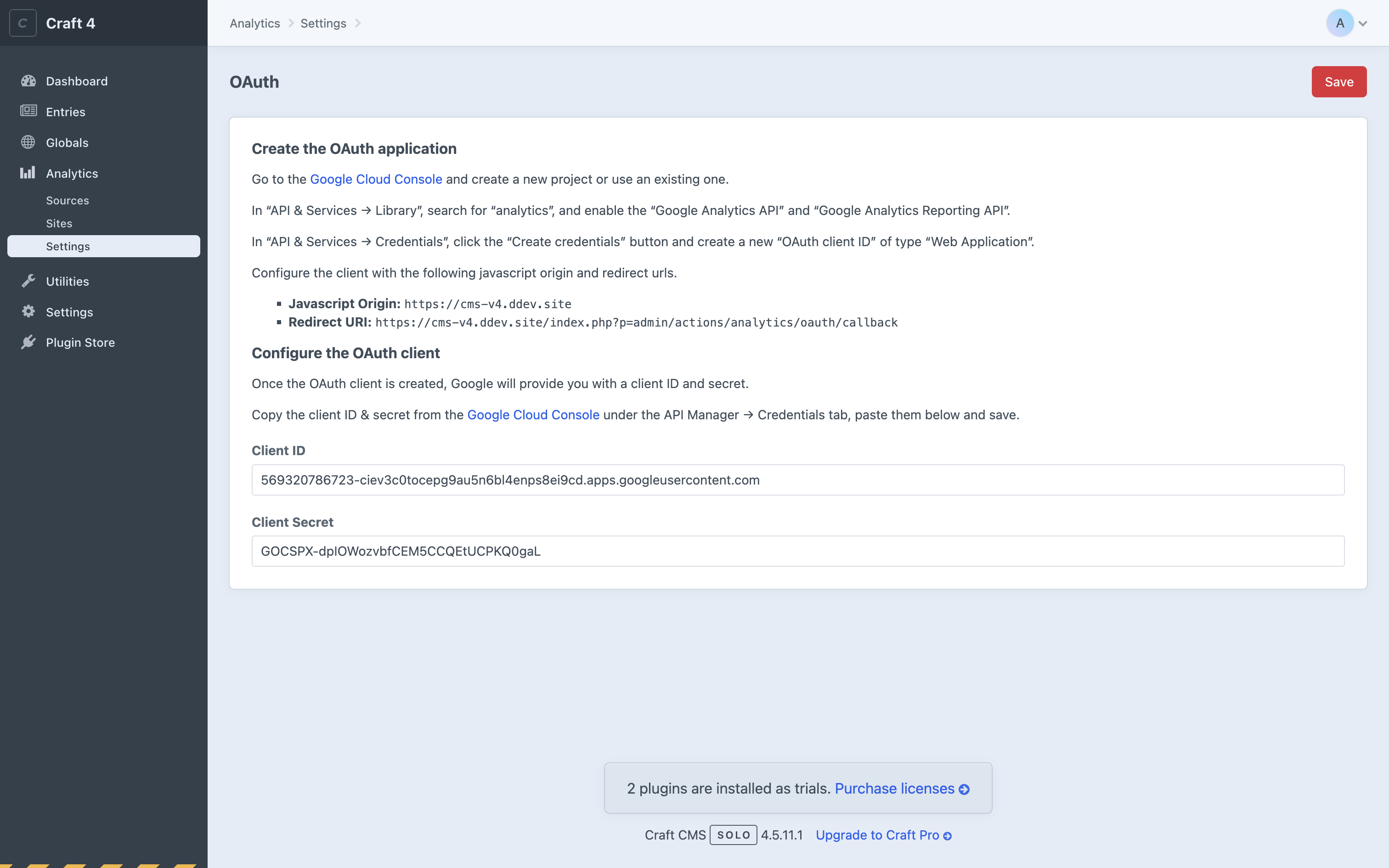 Analytics OAuth Settings with credentials