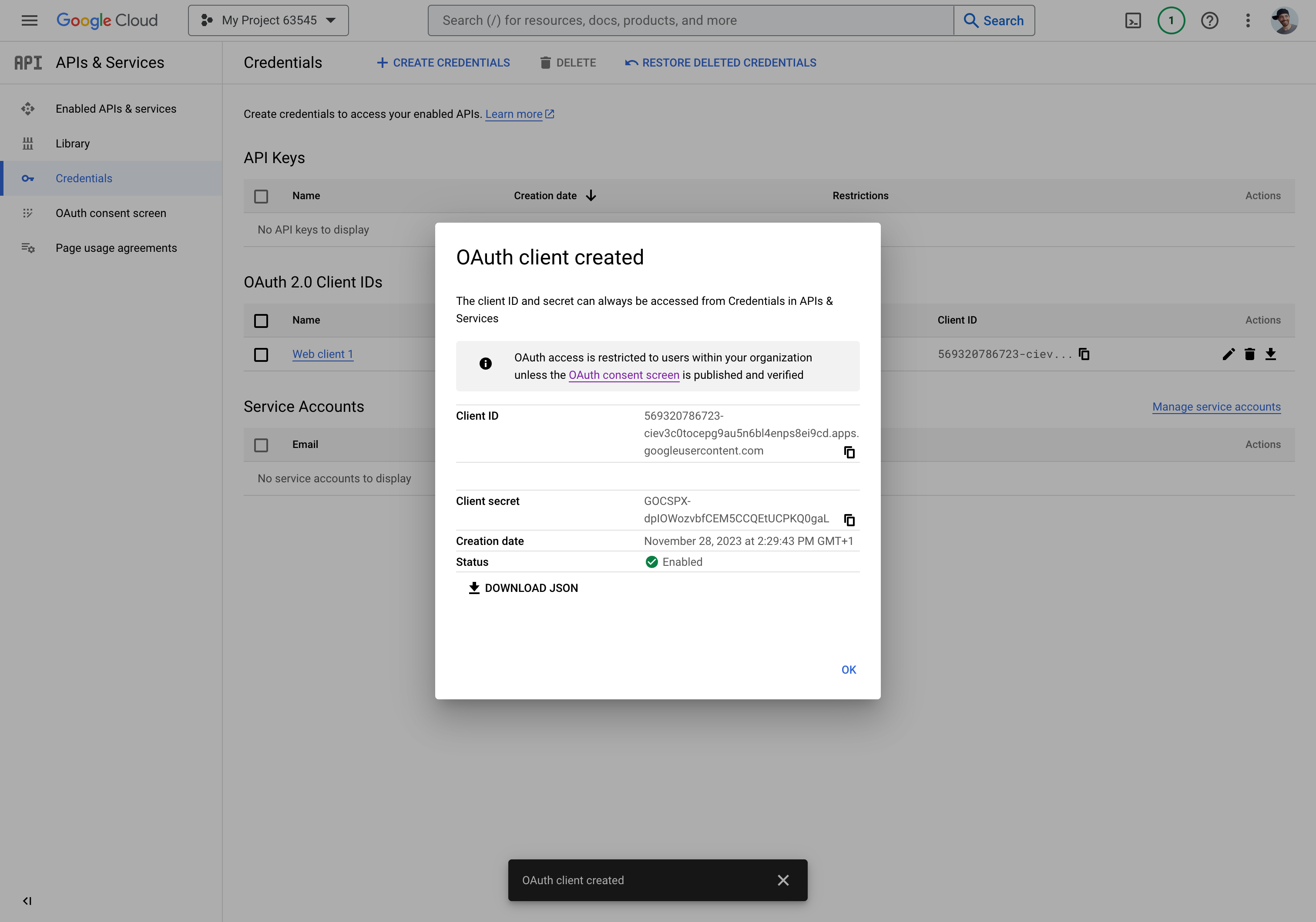 OAuth client ID and secret