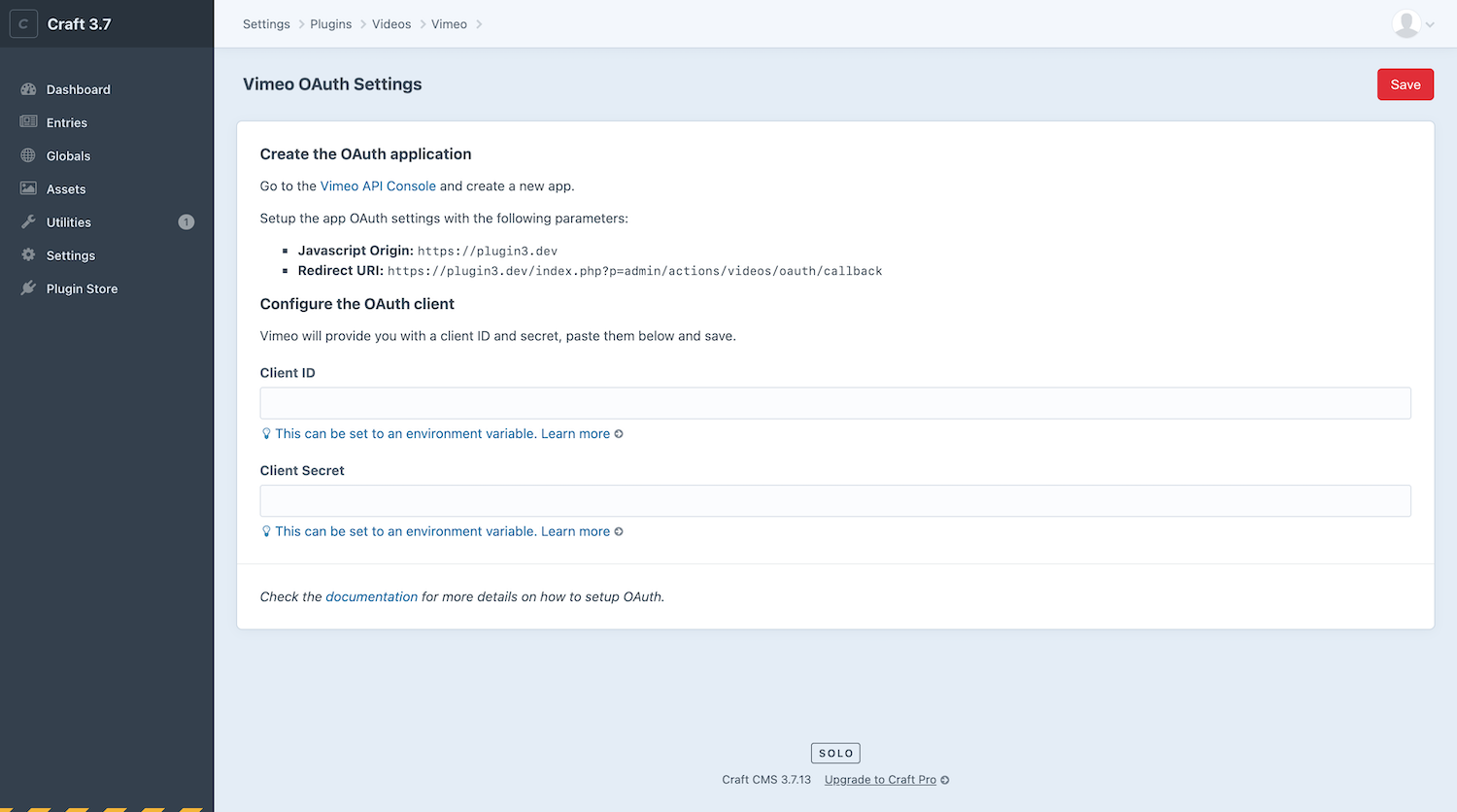 Vimeo OAuth Settings