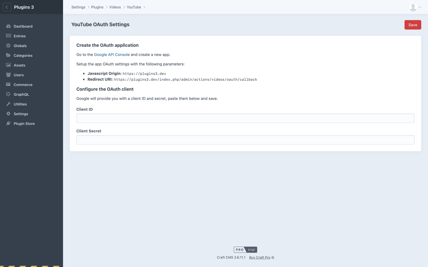 YouTube OAuth Settings
