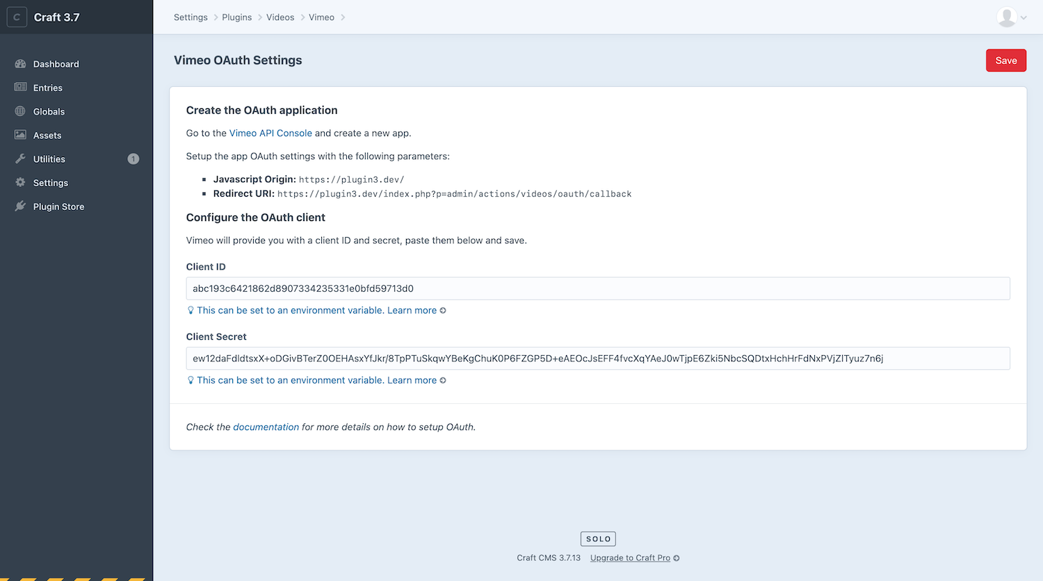 Vimeo OAuth Settings with credentials