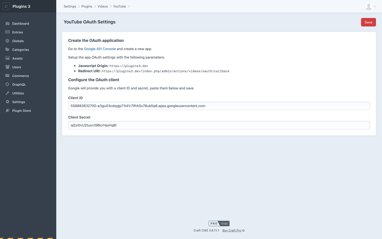 YouTube OAuth Settings with credentials